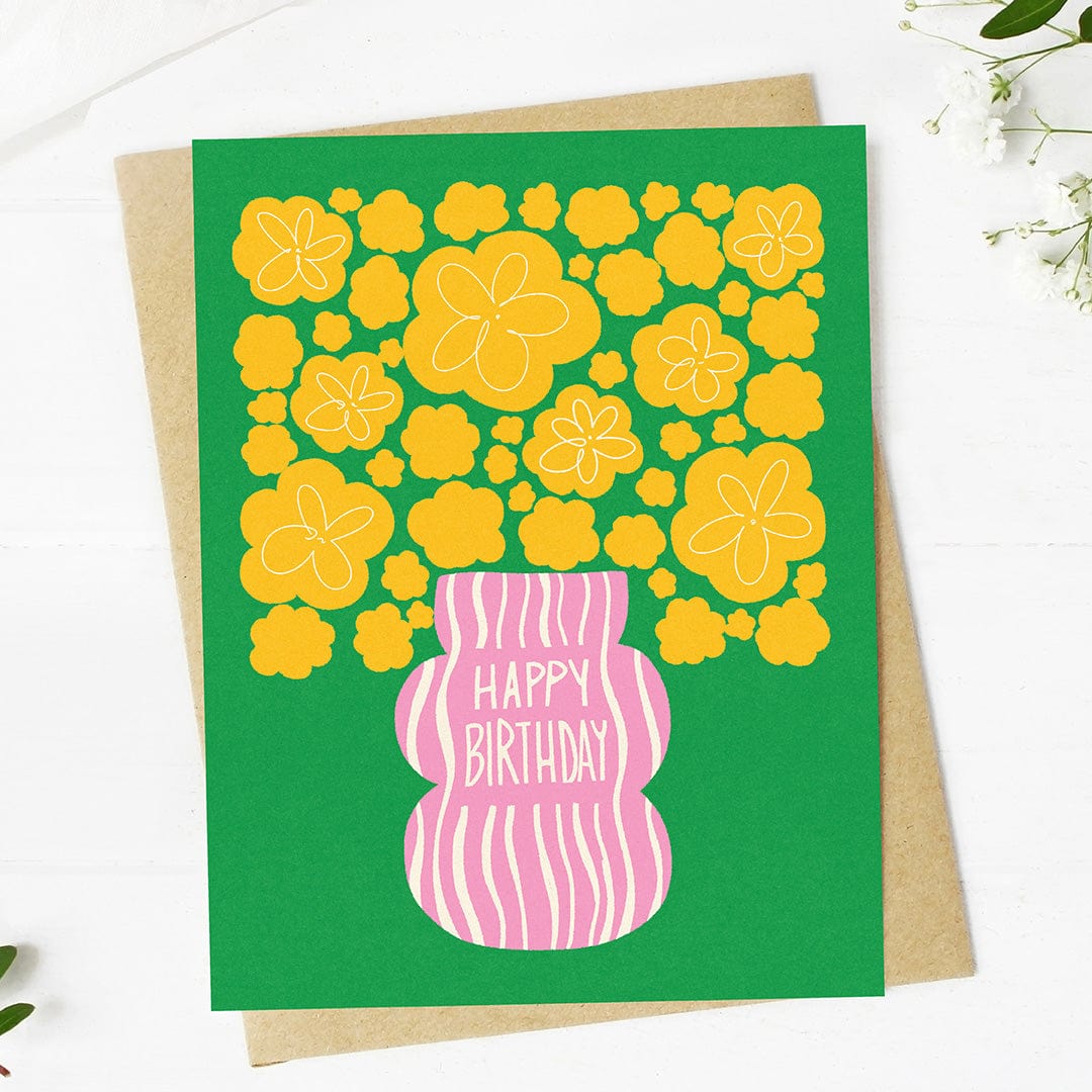  Happy Birthday Yellow Flowers Pink Vase Abstract Card、mySite、ghnorth
