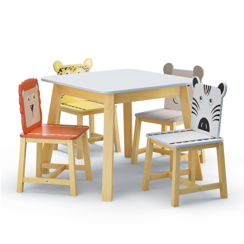 Kids Table and 2 Chairs Set, 3 Pieces Toddler Table and Chair Set, Wooden Activity Play Table Set (Lion&Monkey)、、casual