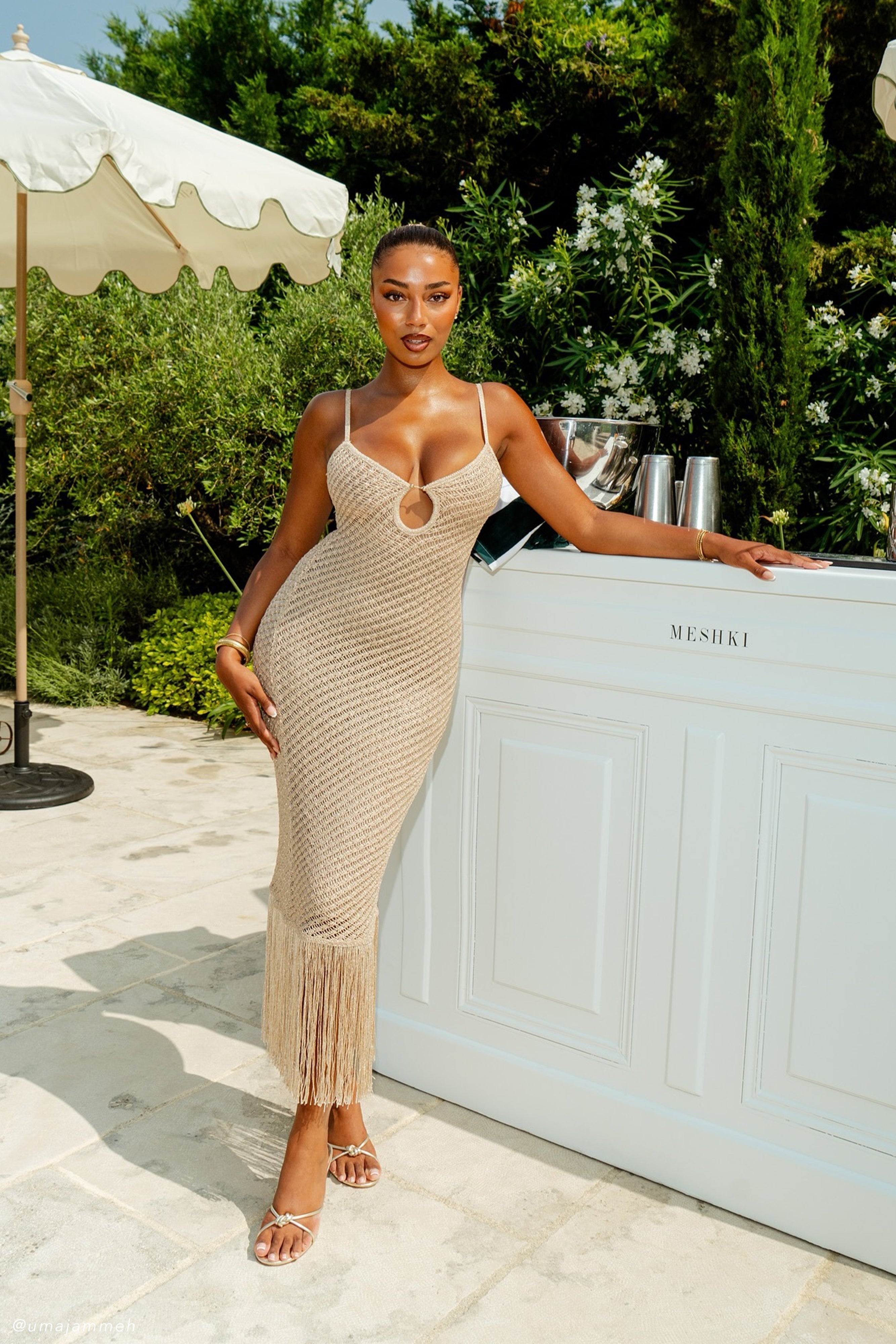 Raelynn Metallic Knit Fringe Midi Dress - Gold、mySite、solidvoid