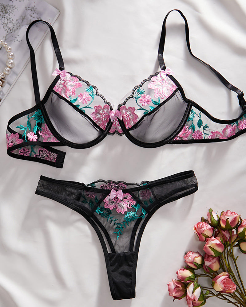Flower Embroidery Patchwork See-through Mesh Bra Sets、mySite、bengalsvssteelers