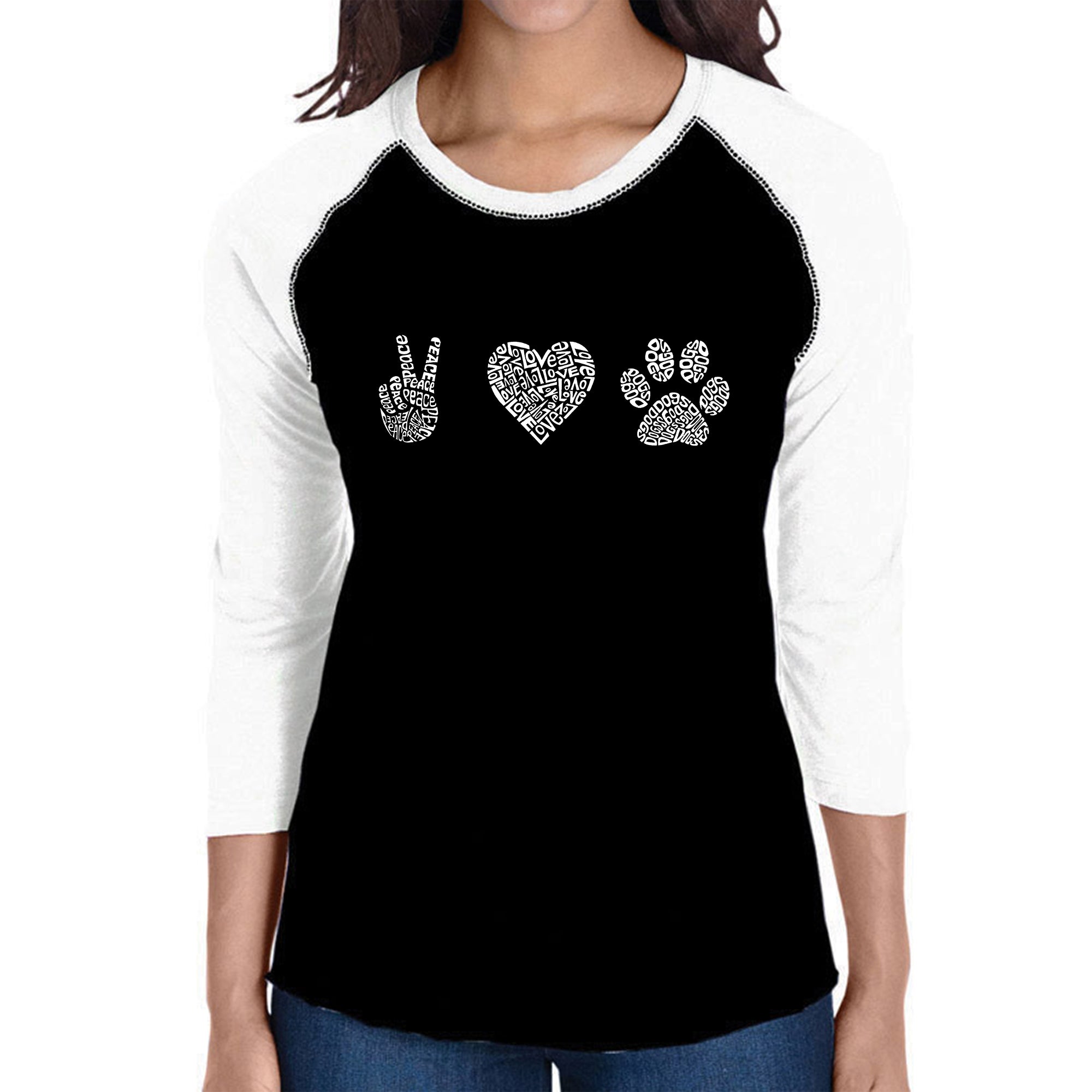 Peace Love Dogs - Women's Raglan Word Art T-Shirt、mySite、camillekostekn