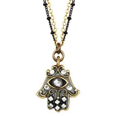 Michal Golan Silver and Gold Hamsa Necklace with Evil Eye on Double Chain、mySite、topwebapps