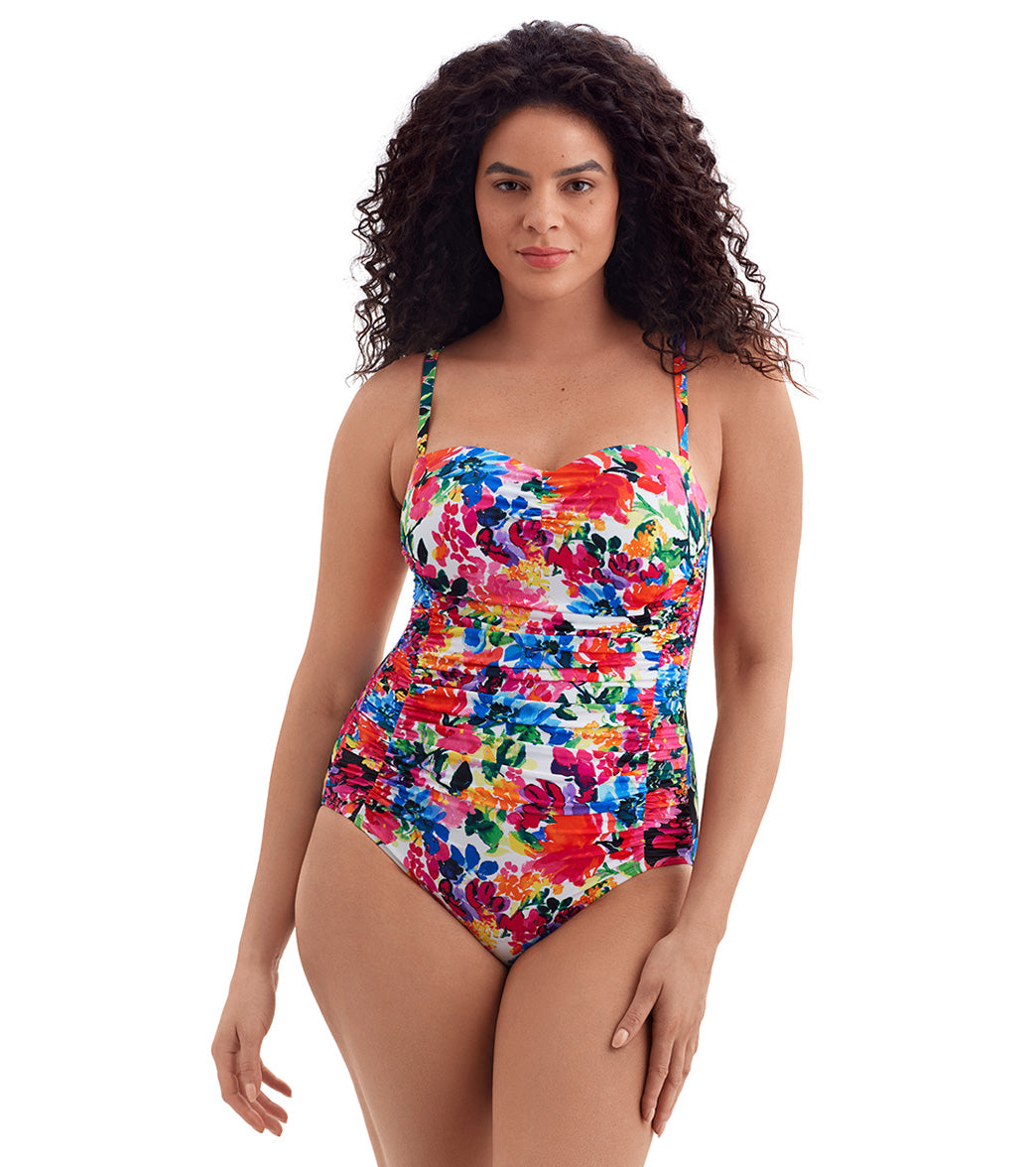 Longitude Women's Blooming Bouquet Shirred Sweetheart Tank Long Torso One Piece Swimsuit、mySite、noshort