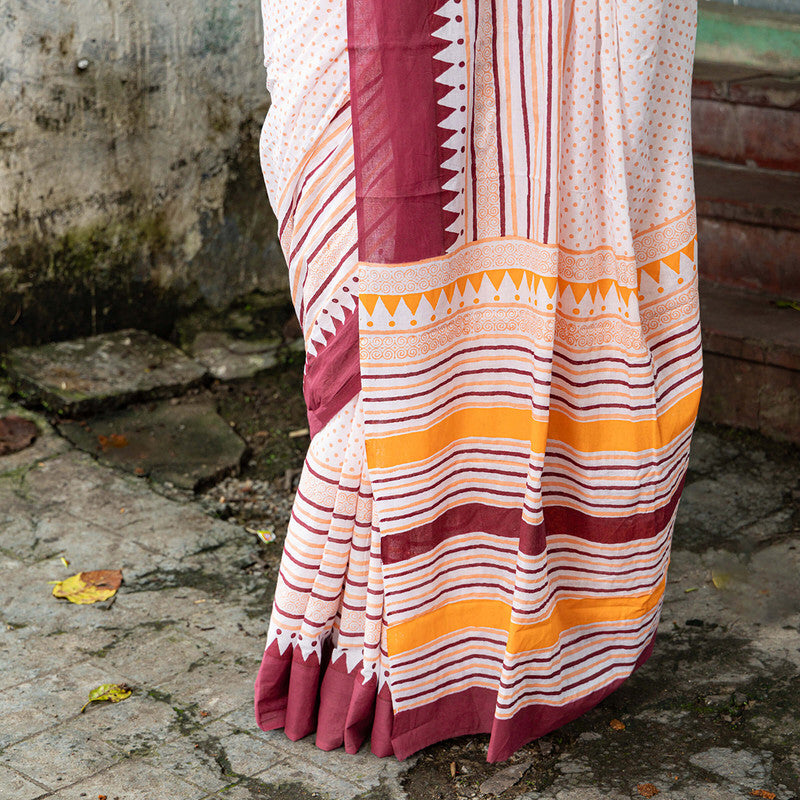 Cotton Saree | Hand Block Print | White & Pink、mySite、camillekostekn