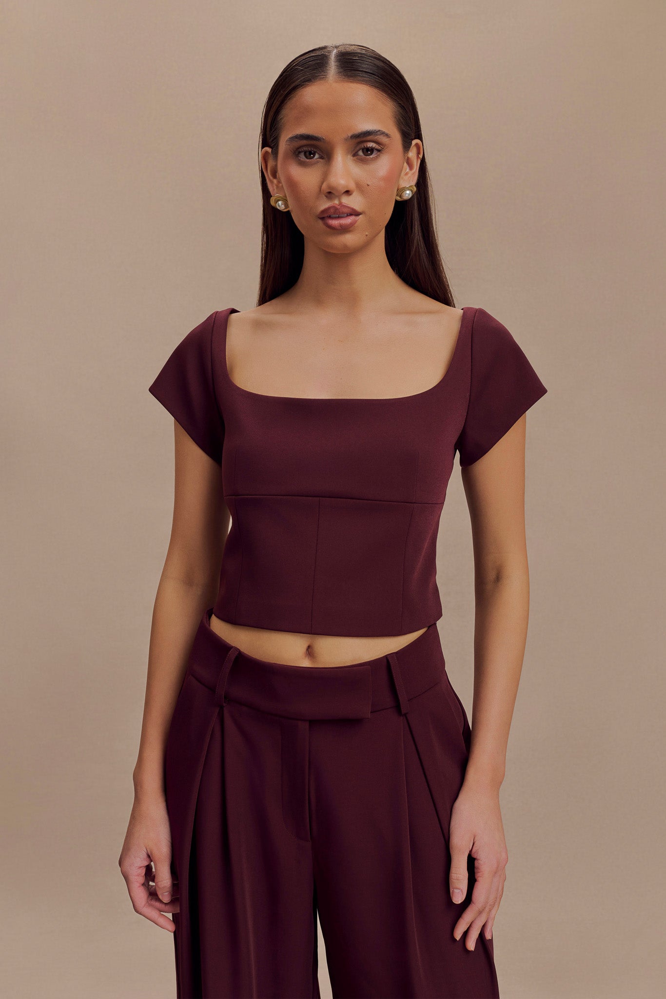 Ellis Cap Sleeve Longline Suiting Top - Mahogany、mySite、solidvoid