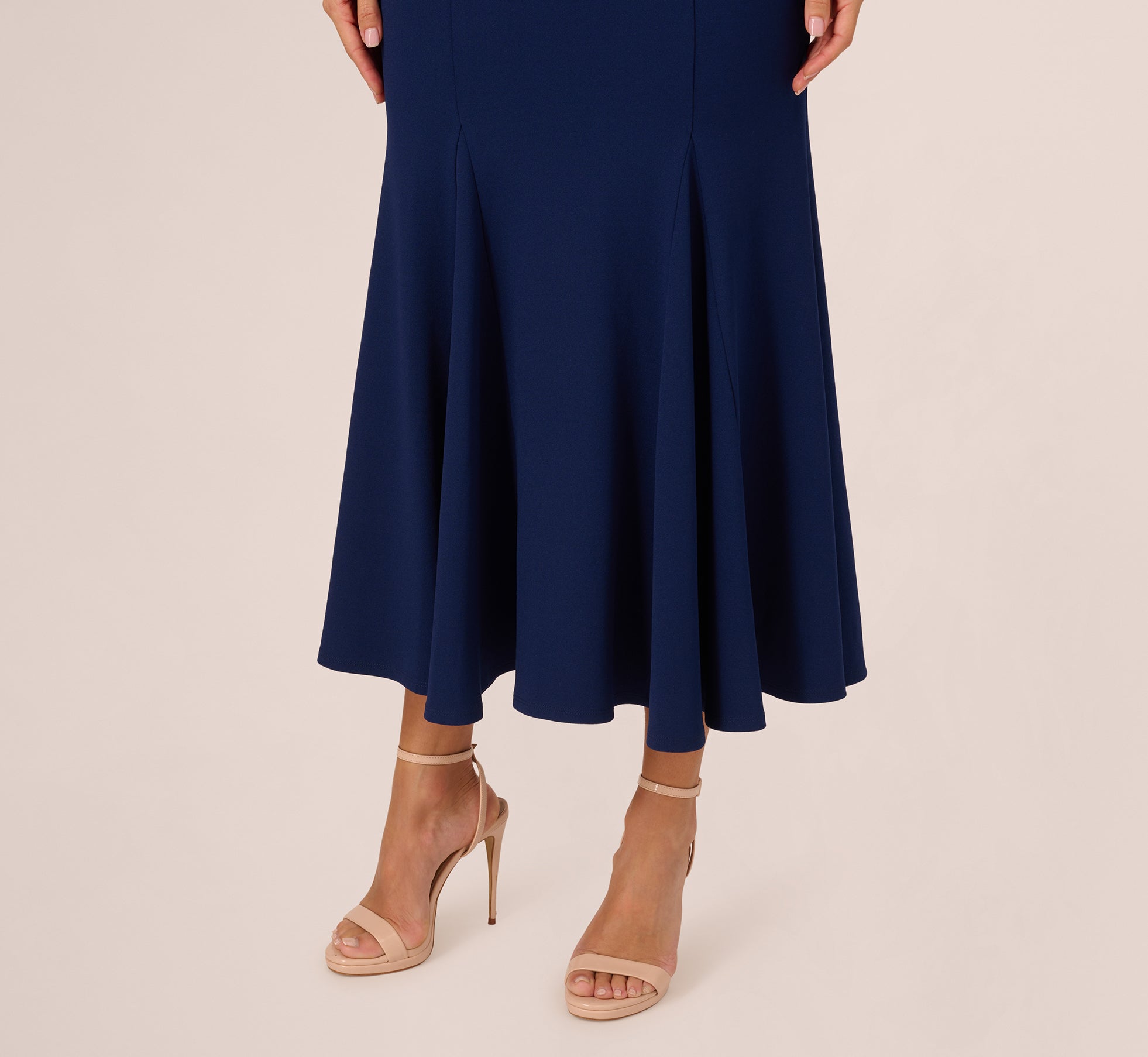 Sleeveless Mock Neck Pearly Midi Dress In Navy Sateen、mySite、solidvoid