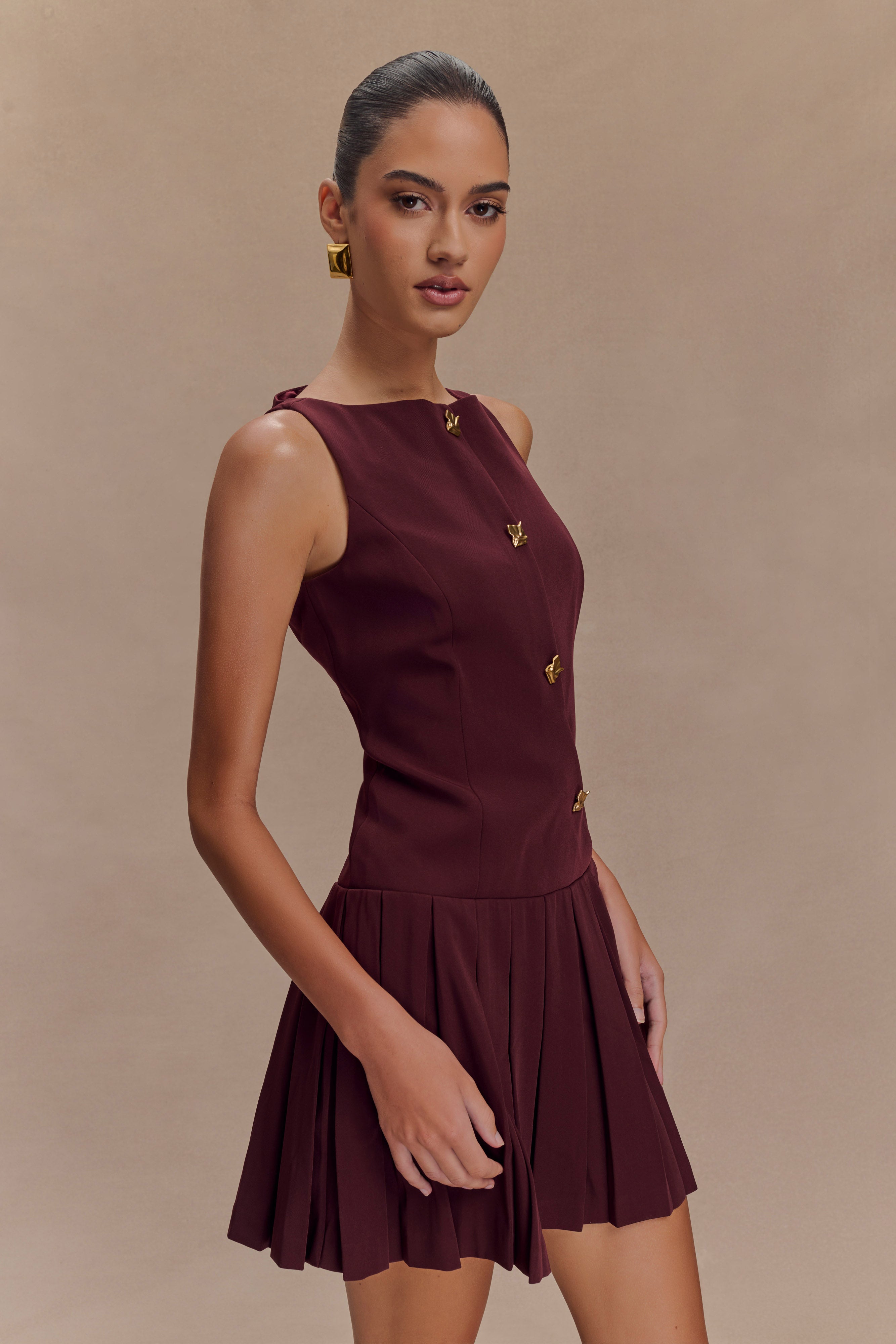 Mackenzie Sleeveless Pleated Mini Dress - Mahogany、mySite、solidvoid