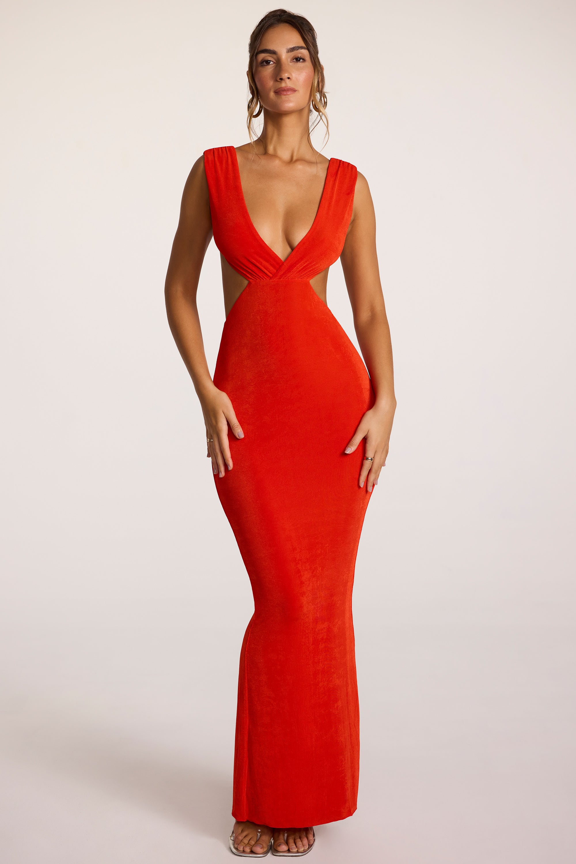 Textured Jersey Plunge Neck Maxi Dress in Fiery Red、mySite、solidvoid