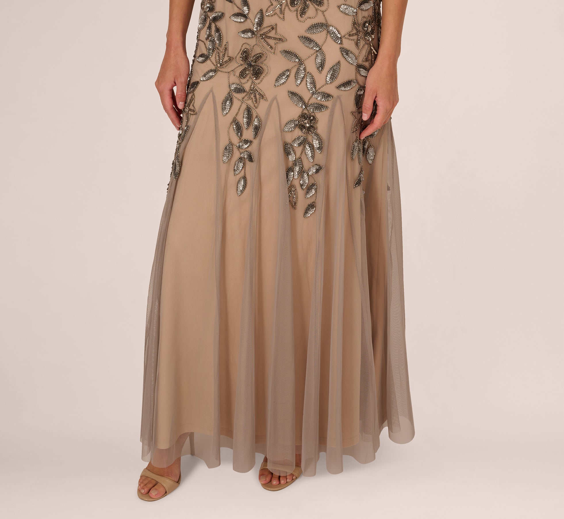 Hand Beaded Short Sleeve Floral Godet Gown In Mercury Nude、mySite、solidvoid