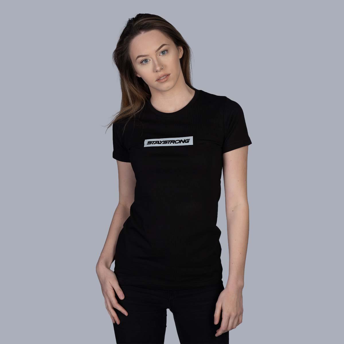  Stay Strong Word Box Reflective Ladies T-Shirt - Black、mySite、merchandisen