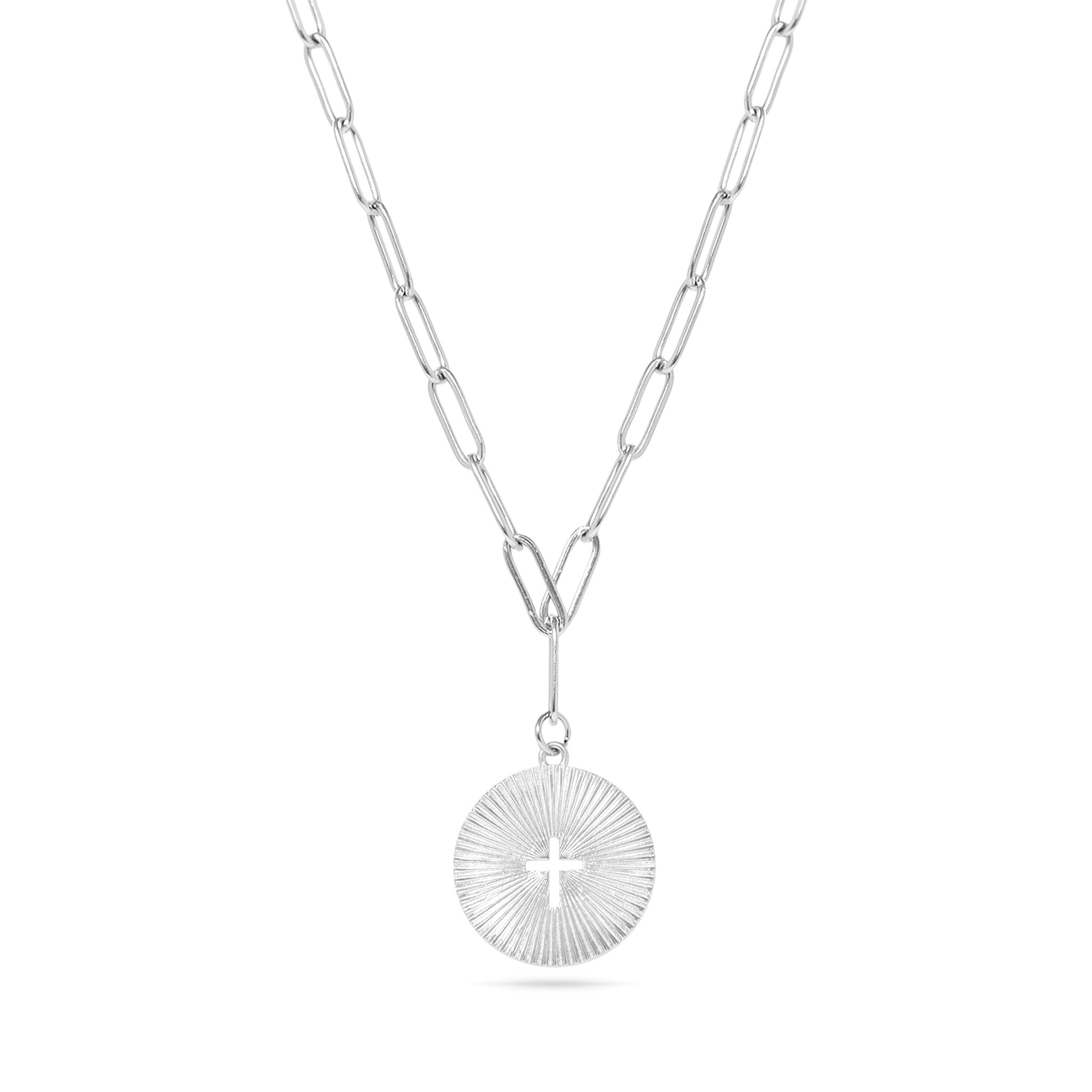18K Gold PVD Stainless Steel Sunburst Cross Paperclip Pendant Necklace / CHN9968、mySite、dreamappss