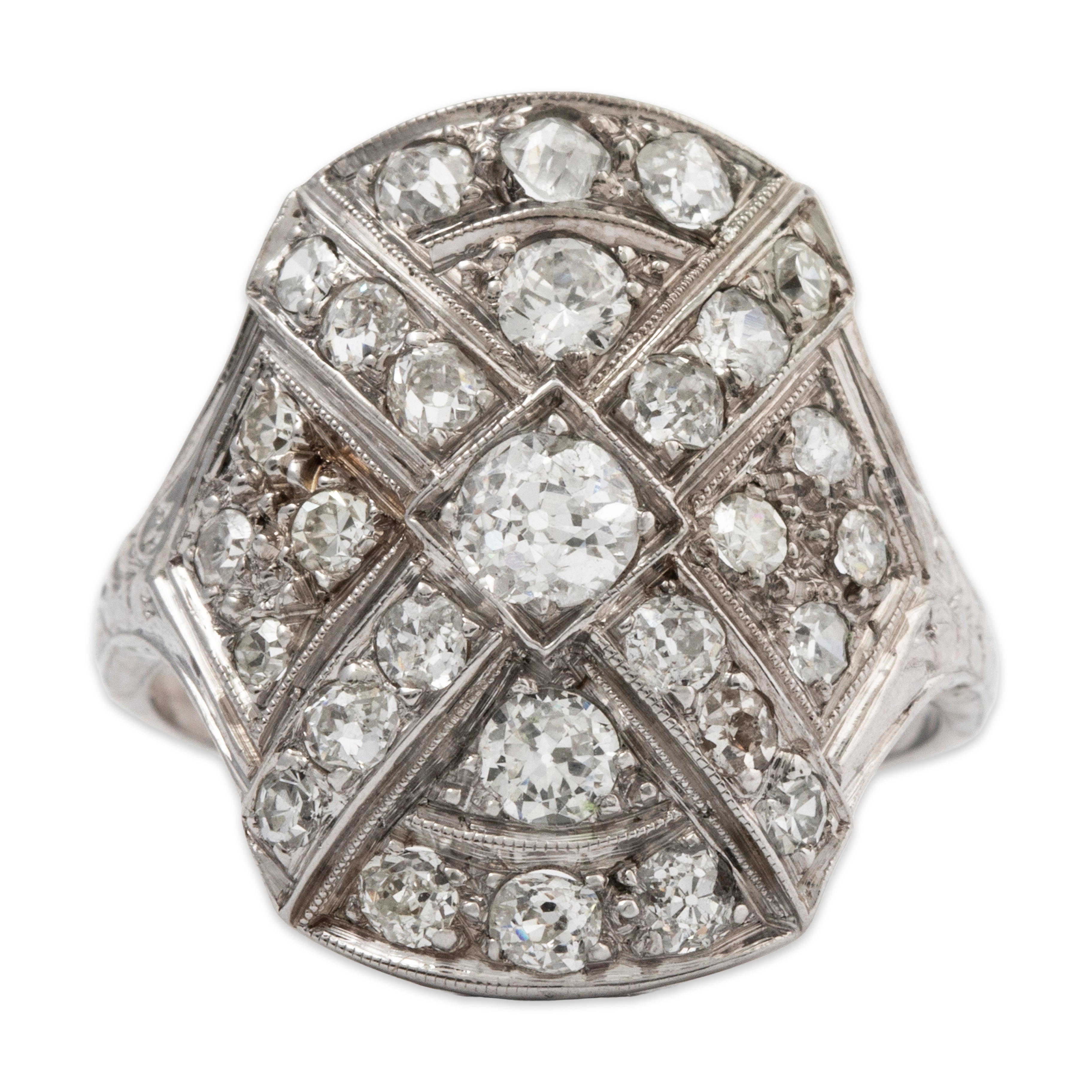 Antique Art Deco 14k White Gold 1ct Old Mine Diamond Intersecting Shield Ring 6、mySite、hinf8tx79