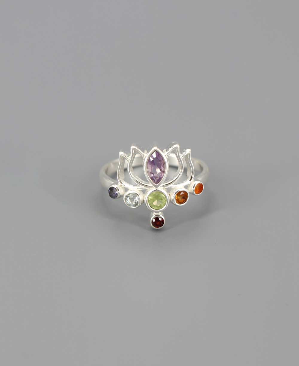 Sterling Silver Chakra Gemstone Dainty Lotus Ring、mySite、topwebapps