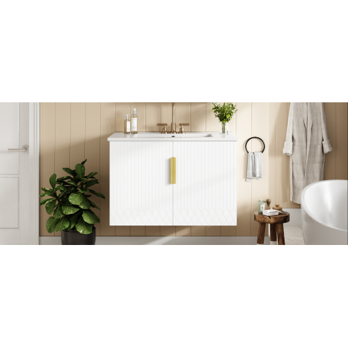 30" Vintage Bathroom Vanity with Ceramic Sink, with 3 Holes Single Ceramic Sink, Bathroom Storage Vanity Cabinet with 2 Soft Closing Doors、、xpatfood