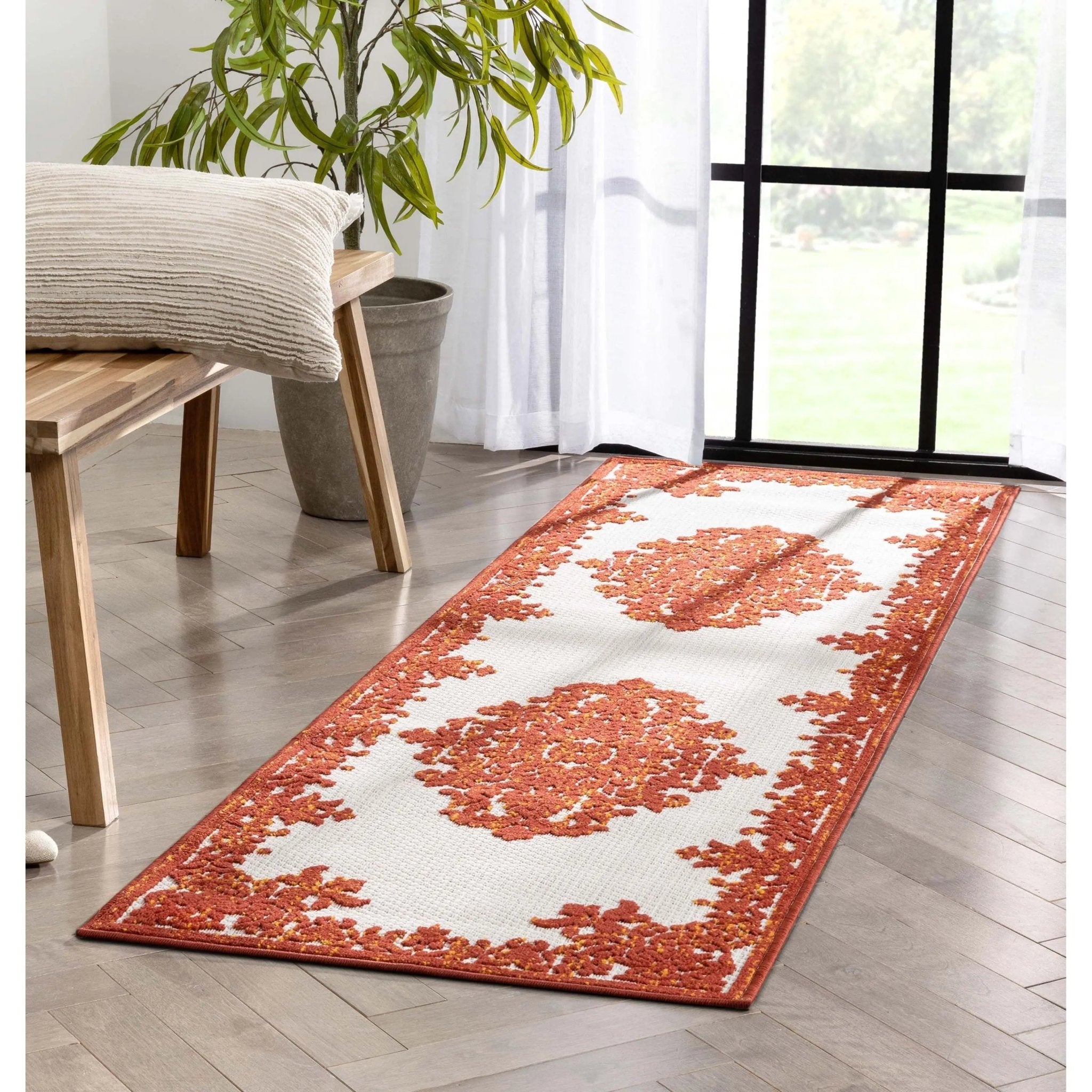 Arid Modern Medallion Persian Indoor/Outdoor Terracotta High-Low Rug、mySite、gigharbornorthrealestate