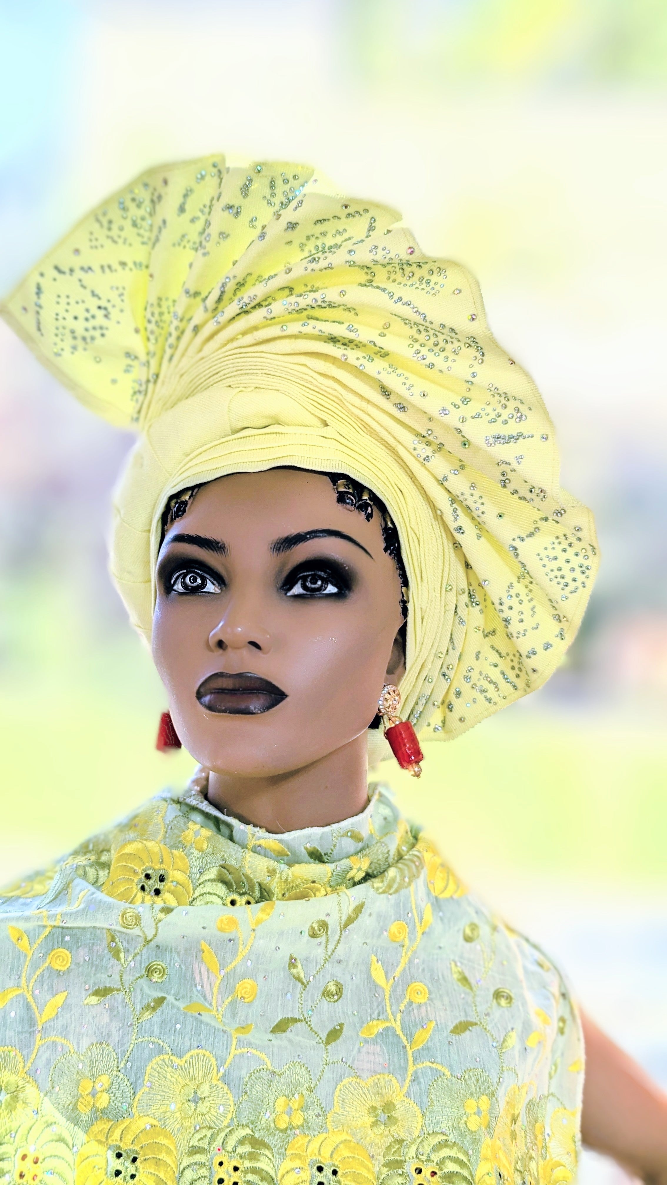 Lensah Yellowish-Cream African Aso Oke Autogele Pre-tied head wrap-DPAGYCH4、mySite、solidvoid