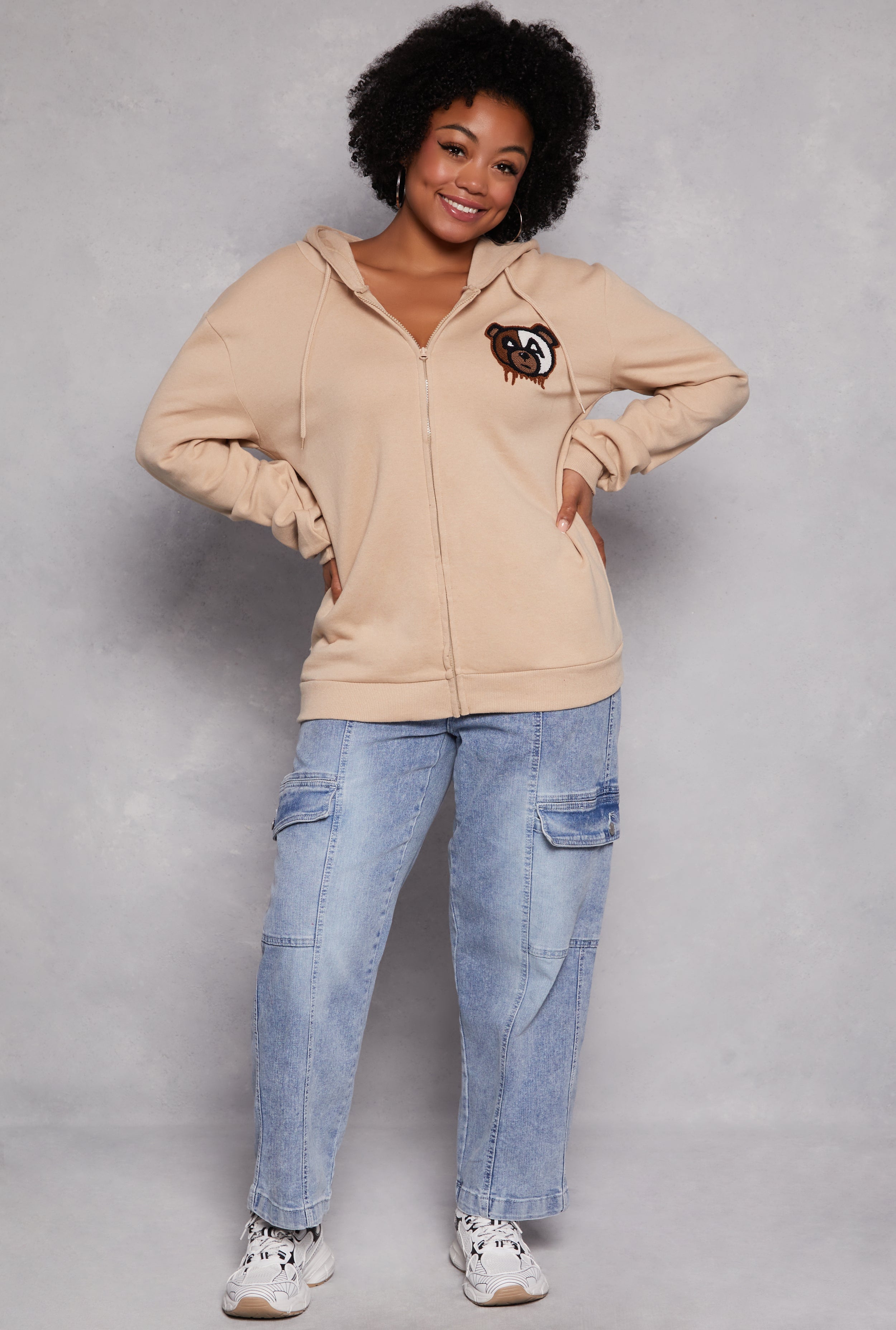 Plus Size Bear Graphic Zip Front Hoodie、mySite、camillekostekn