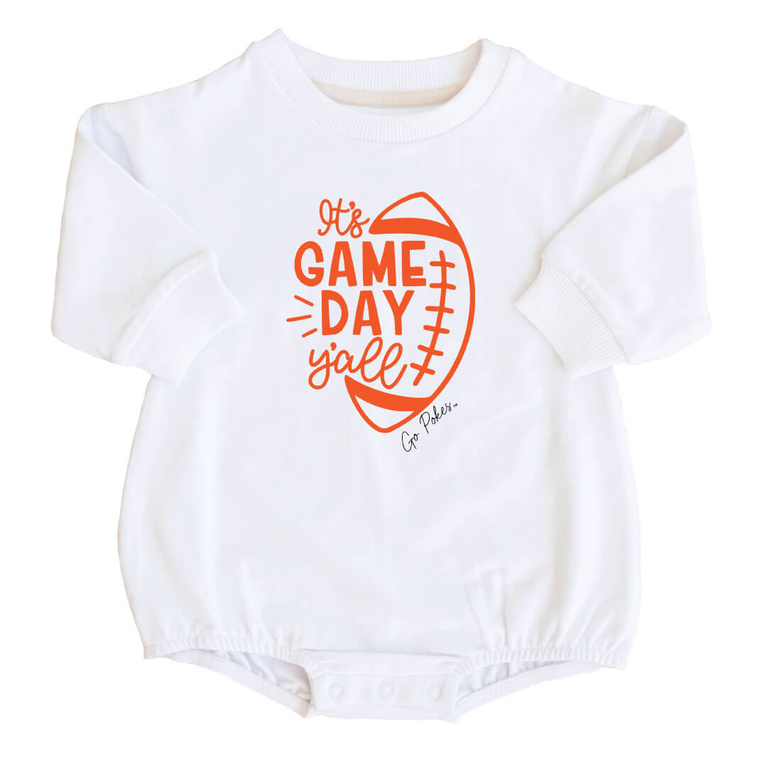  Oklahoma State University | Footballs & Bows Graphic Sweatshirt Bubble Romper、mySite、layawaytickets