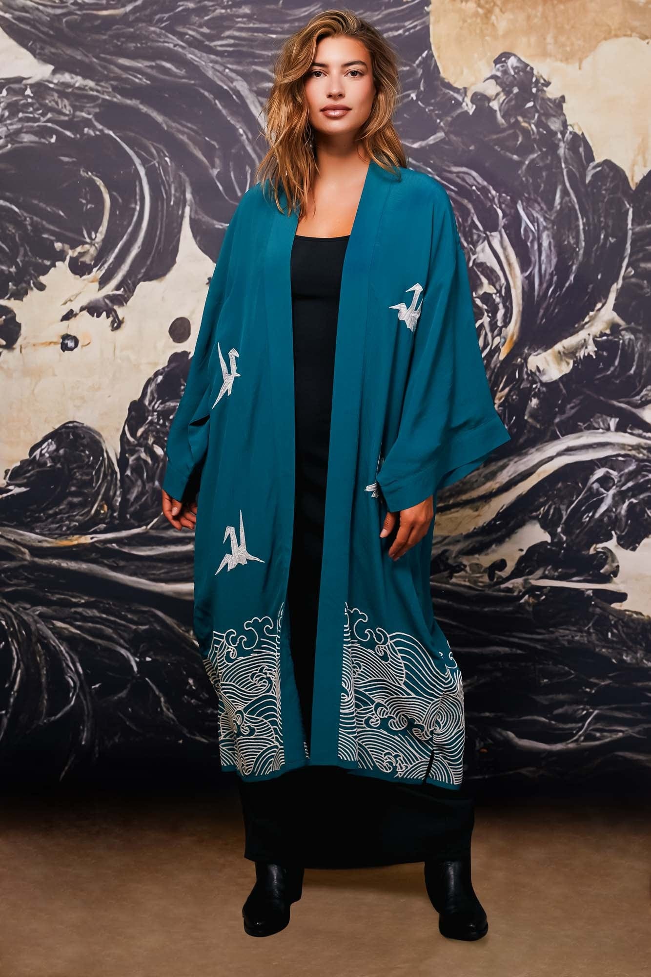 Origami & Hokusai Wave Embroidered Fully Lined Deep Teal Long Kimono、mySite、bengalsvssteelers