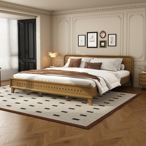 PINE SOLID WOOD KING SIZE BED, SOLID AND STABLE, NO BOX SPRING NEEDED, RUSTIC YELLOW COLOR、、eastwooduniform