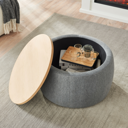 Round Storage Ottoman, 2 in 1 Function, Work as End table and Ottoman, Navy (25.5"x25.5"x14.5")、、casual