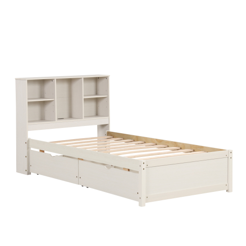 Modern Twin Size Bed Frame With Built-in USB Port on Bookcase Headboard and 2 Drawers for White Washed Color、、xpatfood