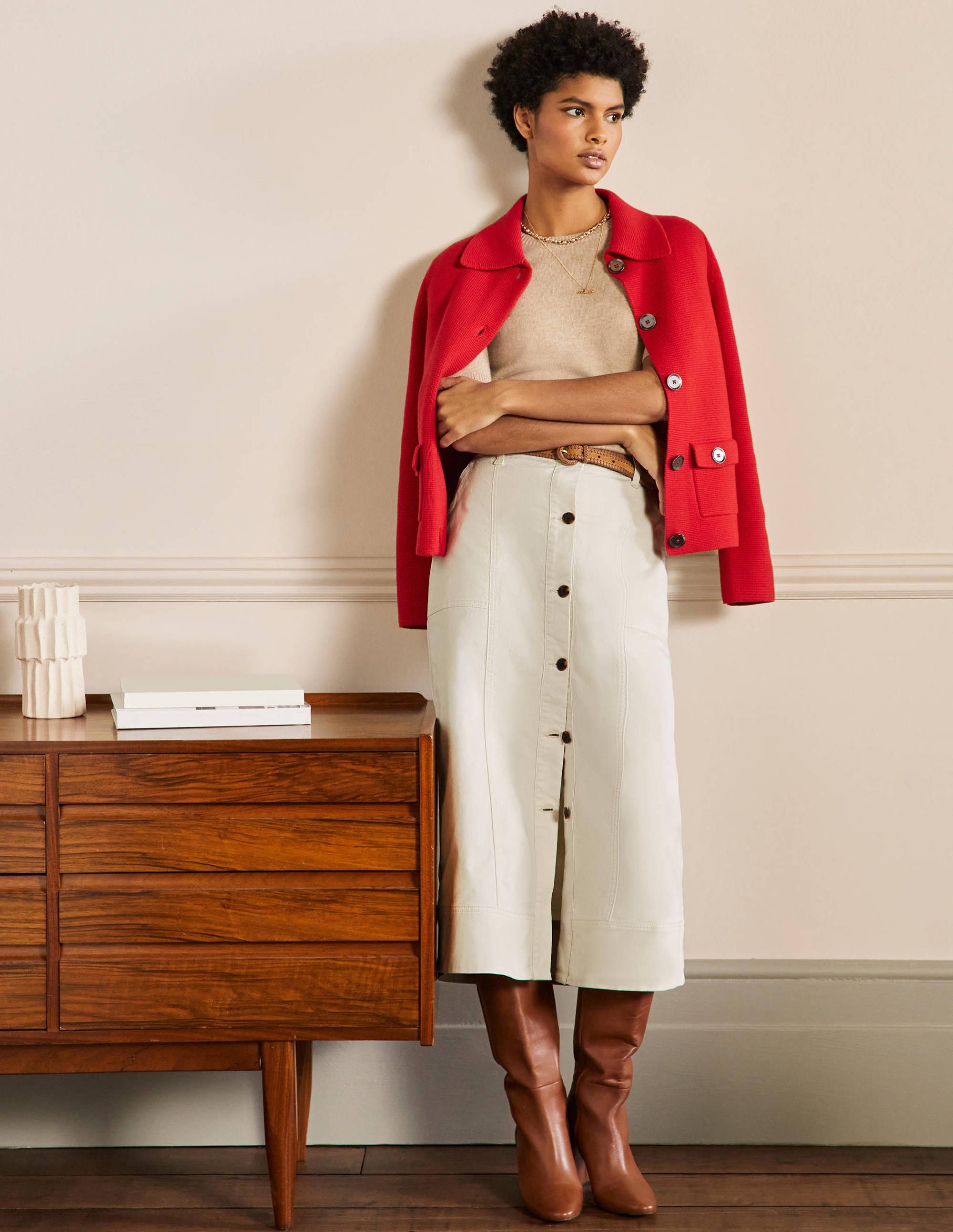  Topstitch Detail Midi Skirt-Ecru、mySite、ashleygrahame