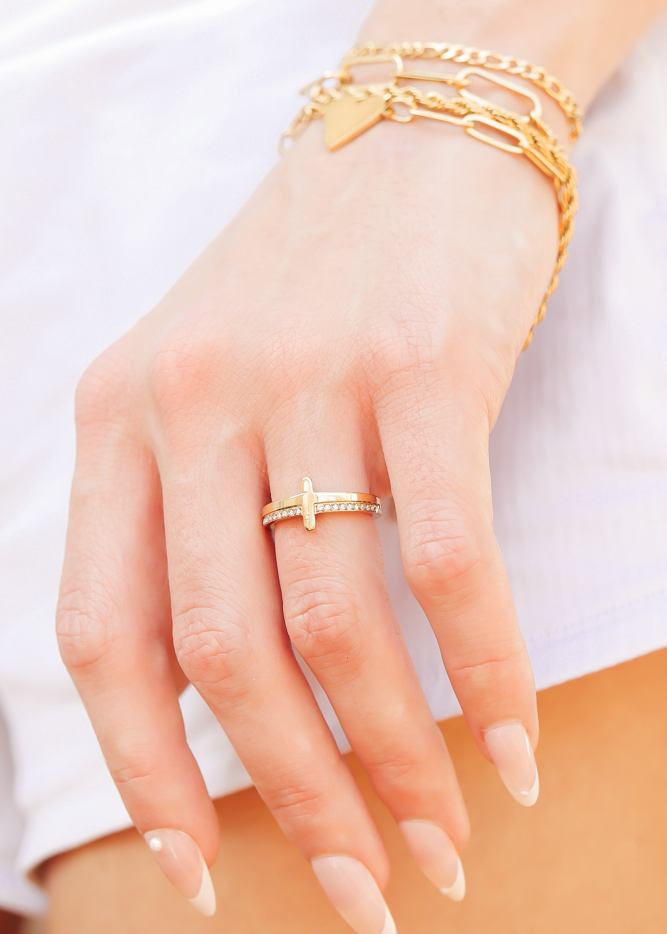 18K Gold PVD Stainless Steel Cross CZ Stone Engraved Stacking Ring / CSR0012、mySite、dreamappss