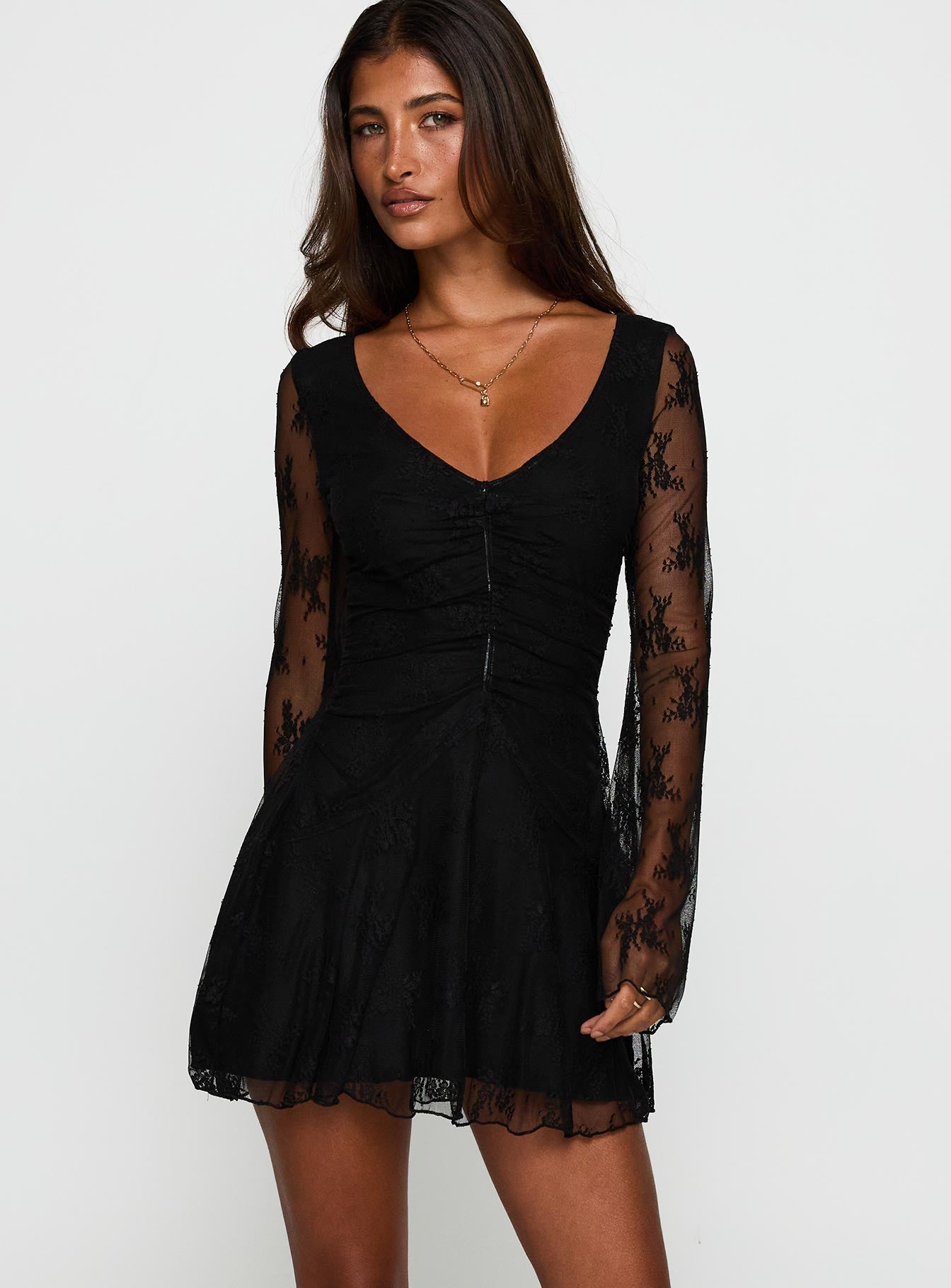 Kateryna Long Sleeve Lace Mini Dress Black、mySite、solidvoid