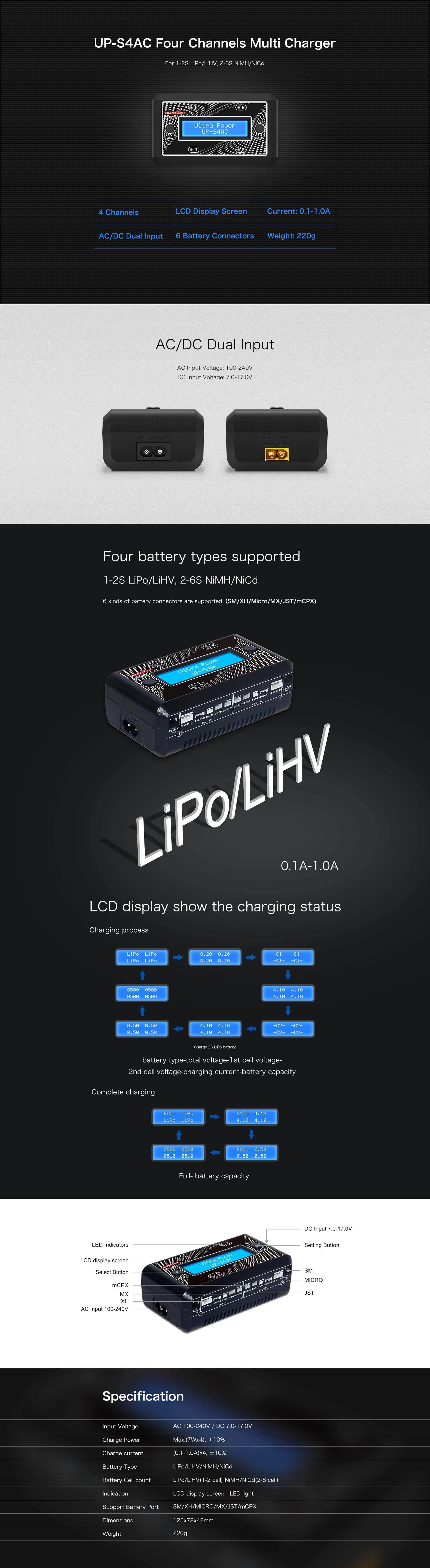 UltraPower UPS4AC 28W 4A 1-2S Quad AC/DC Whoop Battery Charger