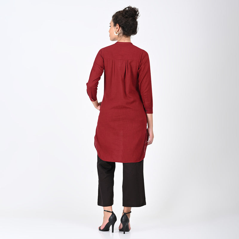 Cotton Solid Co Ord Set For Women | Tunic & Trouser | Mandarin Neck | Maroon & Coffee Brown、mySite、camillekostekn