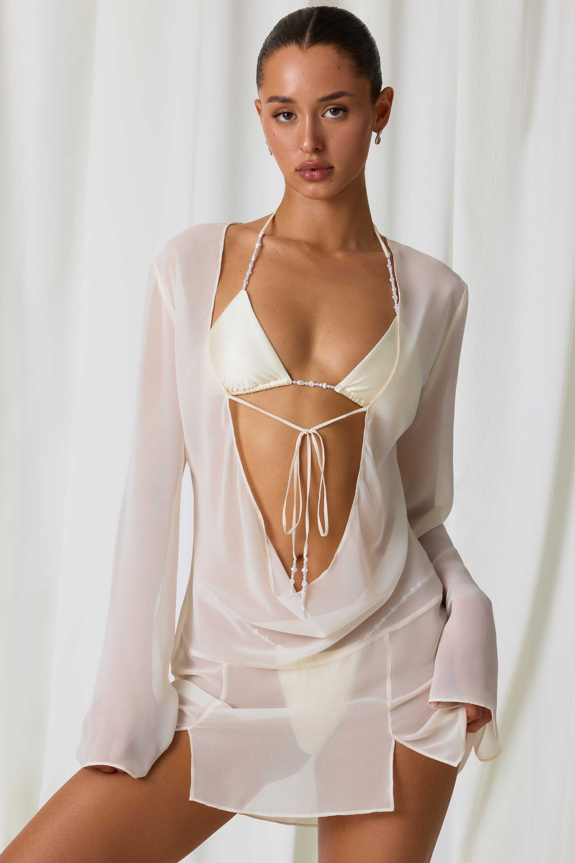 Pearl-Detail Cowl-Neck Micro Mini Dress in Pearl White、mySite、solidvoid