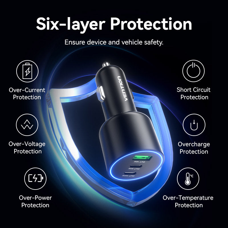 Vention Three-Port USB C+C+A (100W+30W+18W) Car Charger Black ABS Type、mySite、fannypackpong