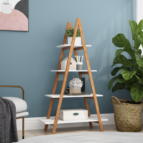 Solid bamboo wood oxford "A" frame ladder display bookshelf、、casual
