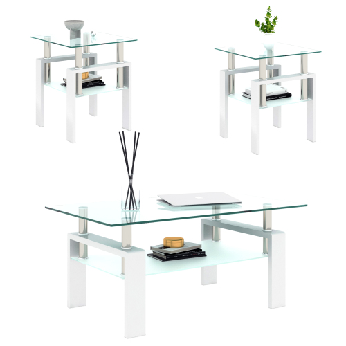 Set of 2, Modern Tempered Glass Tea Table Coffee Table End Table, Square Table for Living Room, Transparent/White、、casual