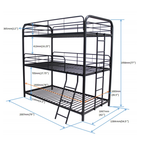 Furniture Triple Bunk Bed, FULL/FULL/FULL, black、、casual