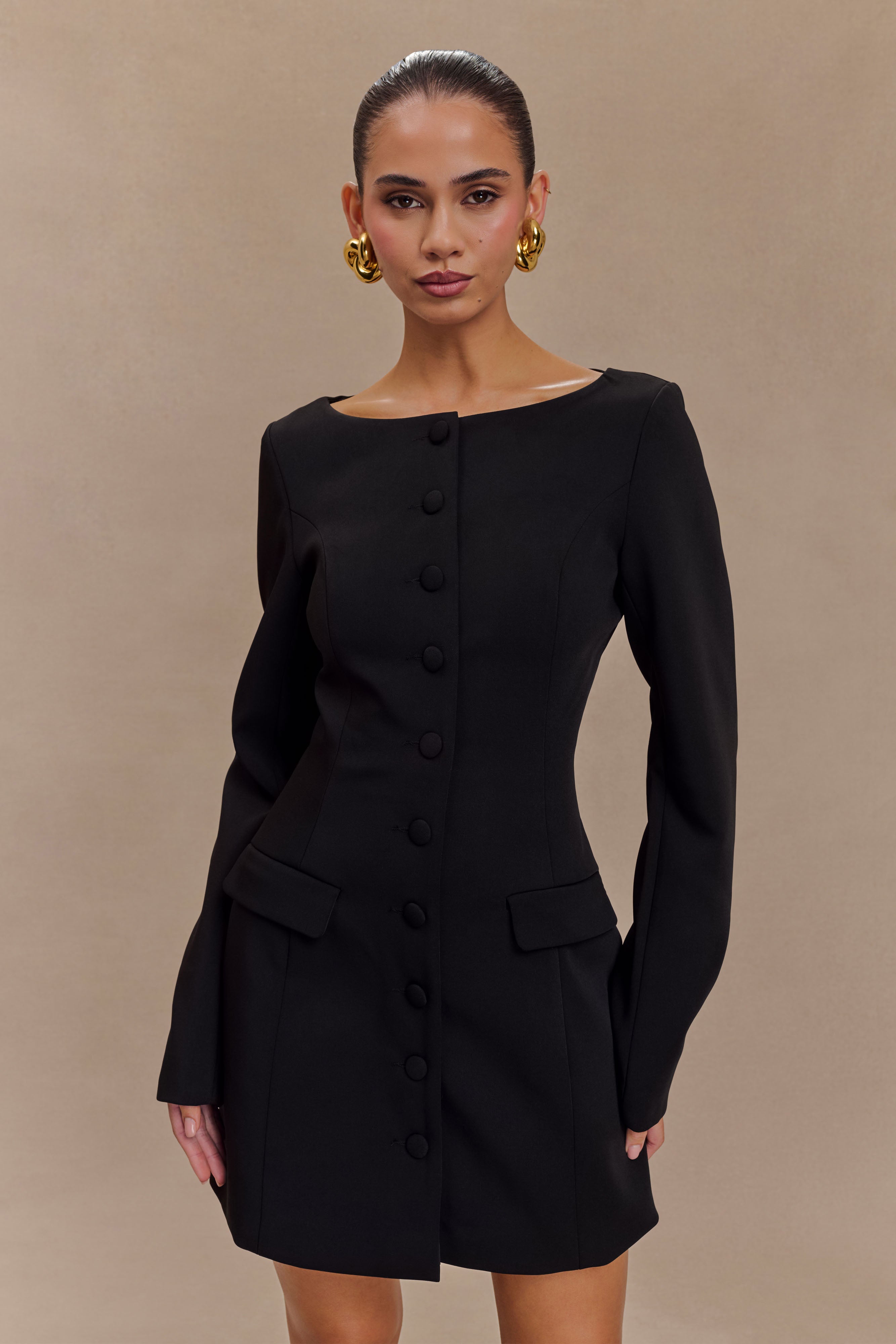 Jolie Boat Neck Suiting Mini Dress - Black、mySite、solidvoid