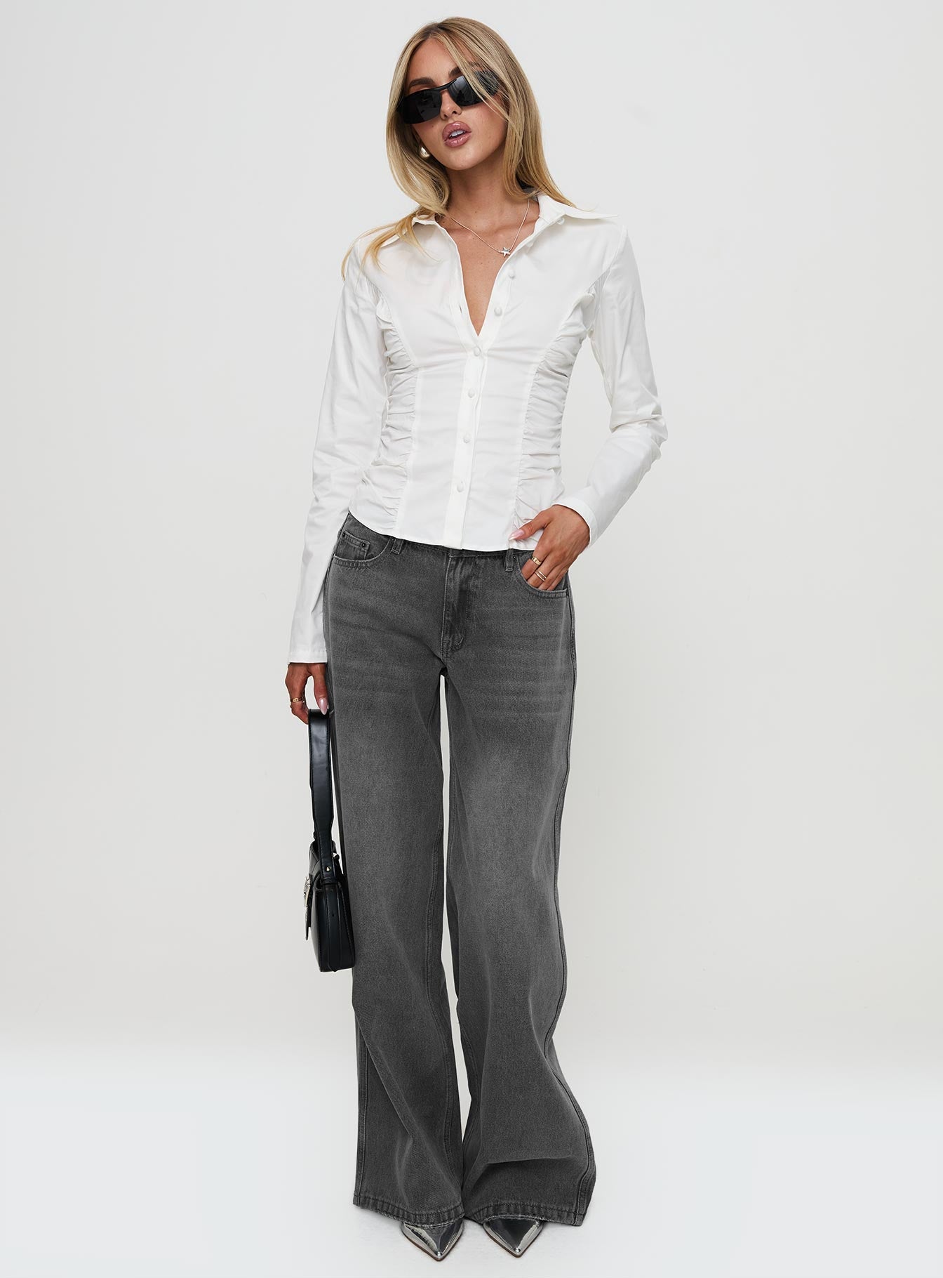 Stand Up Guy Long Sleeved Ruched Detail Top White、mySite、solidvoid