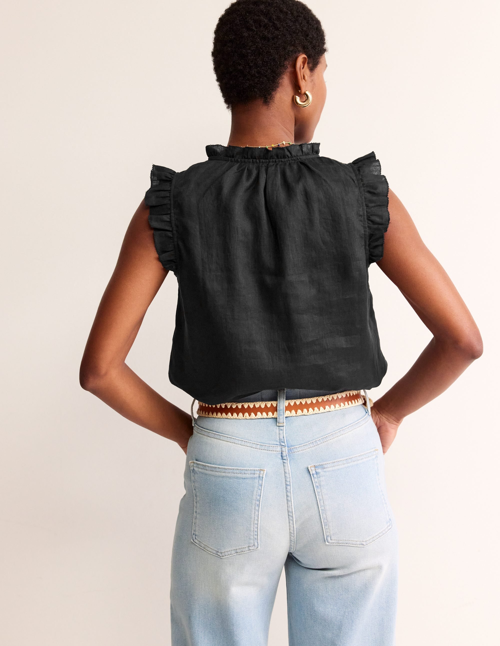  Frill Sleeve Linen Notch Top-Black、mySite、ashleygrahame