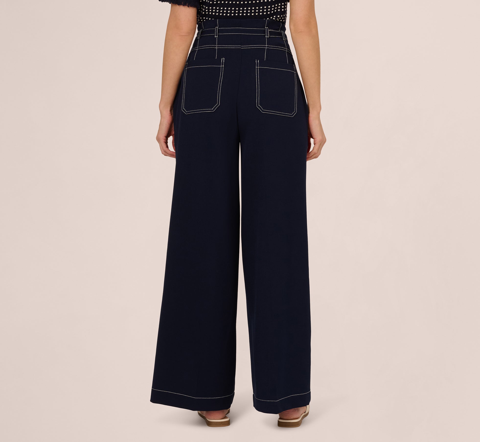 Topstitch Wide Leg Paperbag Pant With Belt In Navy Ivory、mySite、solidvoid