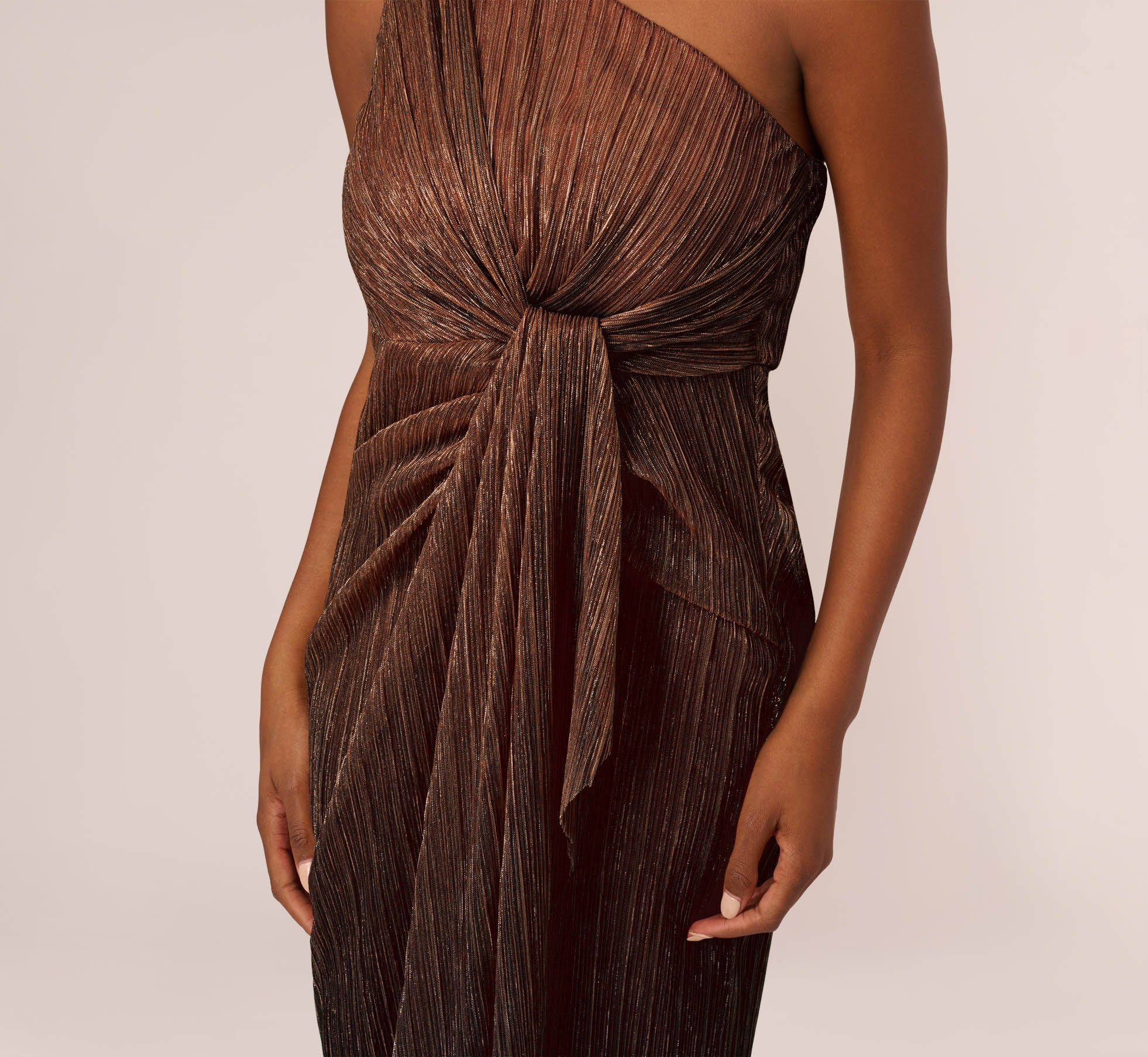 Stardust Pleated Draped One Shoulder Gown In Copper、mySite、solidvoid