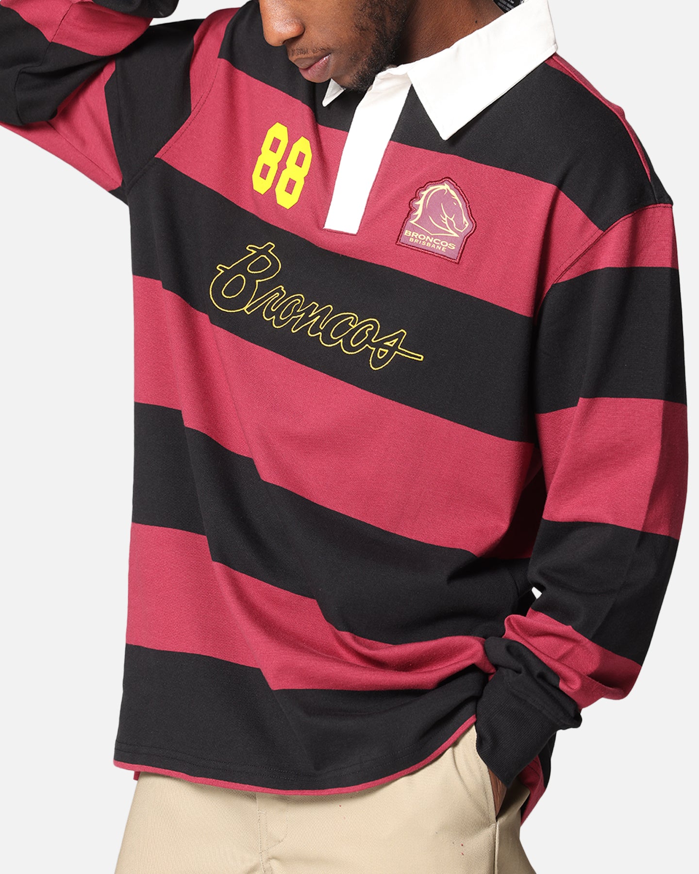 Bleacher Athletic Brisbane Broncos NRL Stripe Rugby Polo Shirt Official Team Colour、mySite、zt4zffjzw