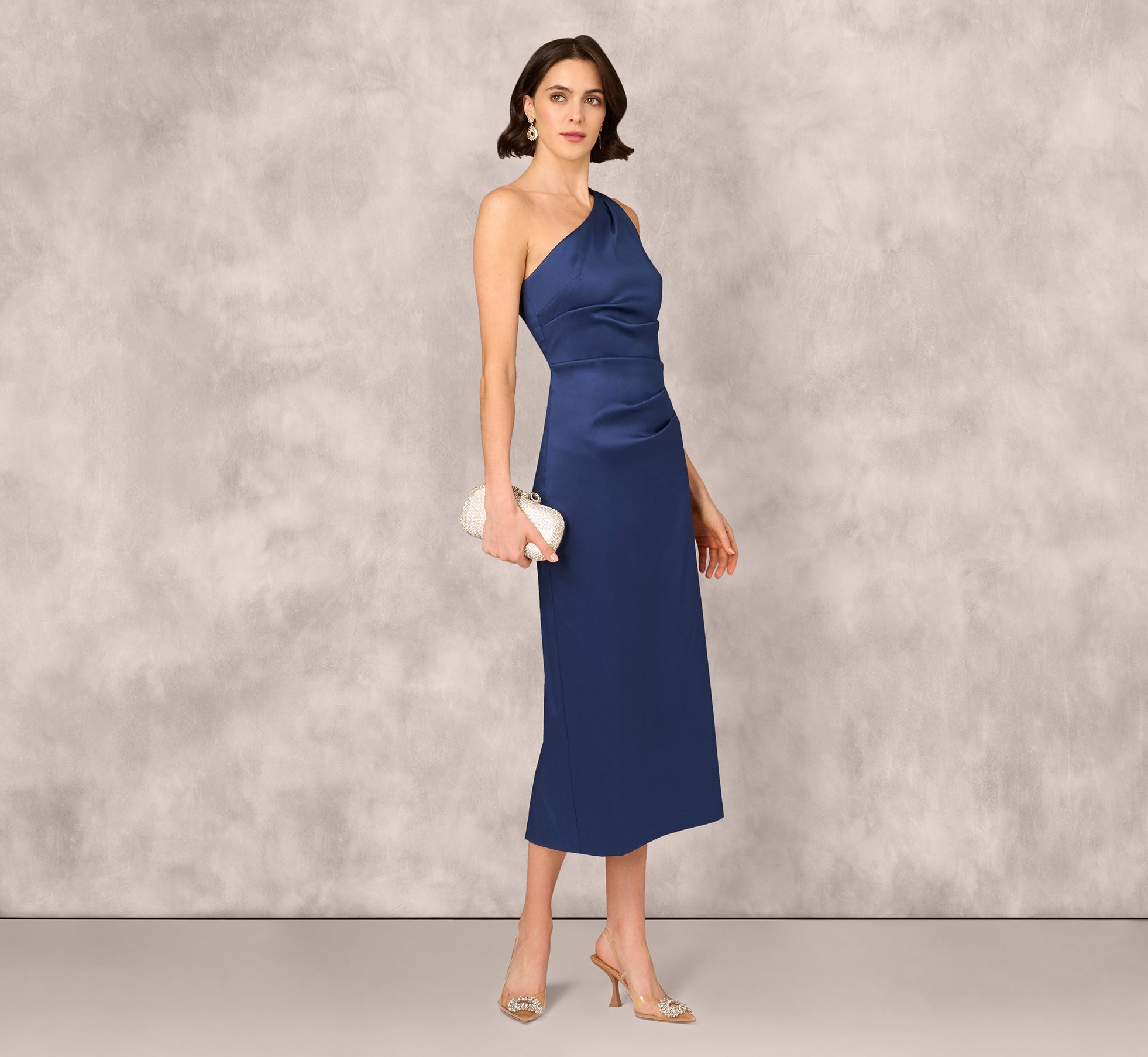 One Shoulder Satin Pleat Midi Dress In Navy、mySite、solidvoid