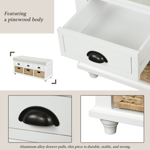 TREXM Rustic Storage Bench with 3 Drawers and 3 Rattan Baskets, Shoe Bench for Living Room, Entryway (White Washed)、、casual