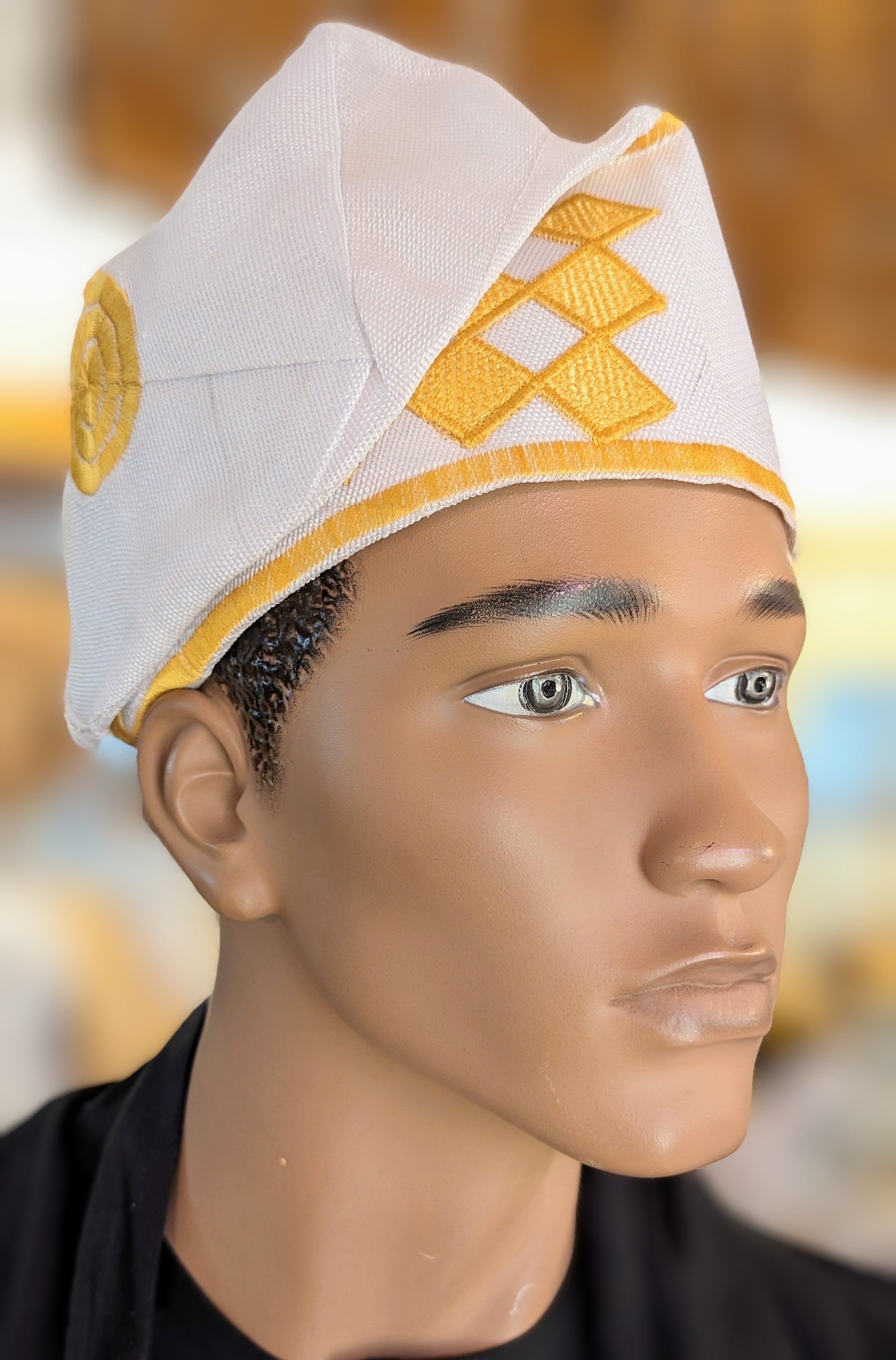 Dupsie's White with Gold Embroidery Ogundele Aso Oke Kufi Cap Hat DPHAWGA44、mySite、solidvoid