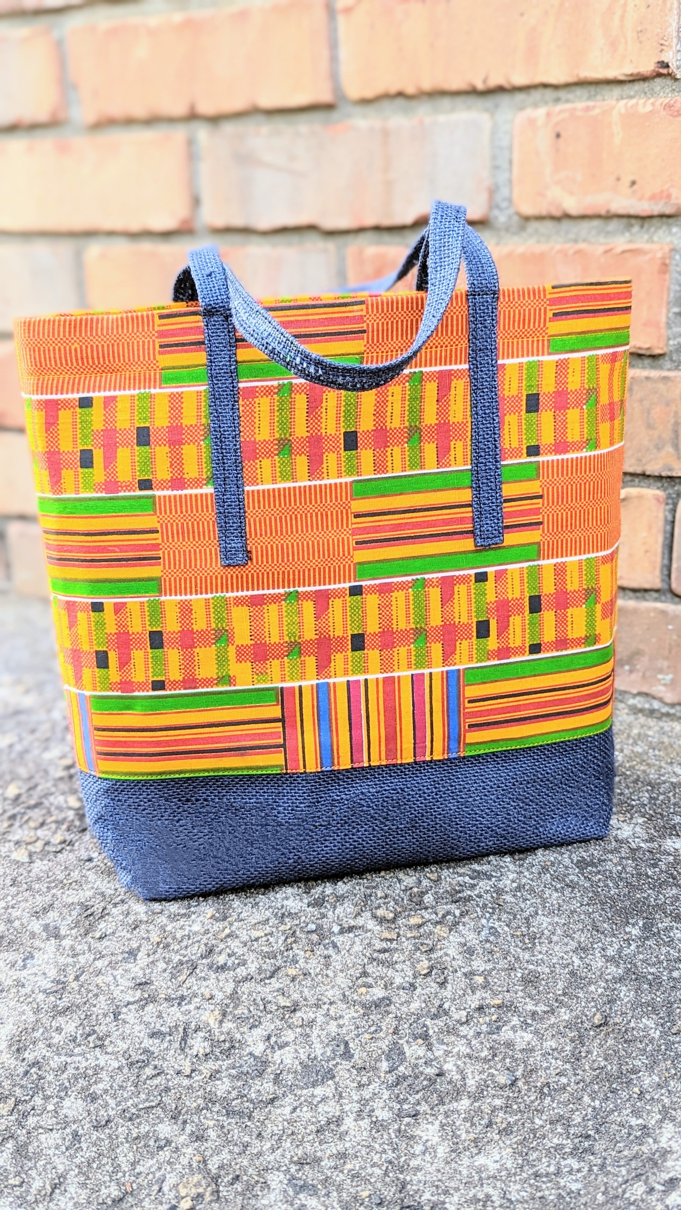 Anahg African Kente Print Tote Bag with a Jean-like base and handle trim-DPPBTJL1、mySite、solidvoid