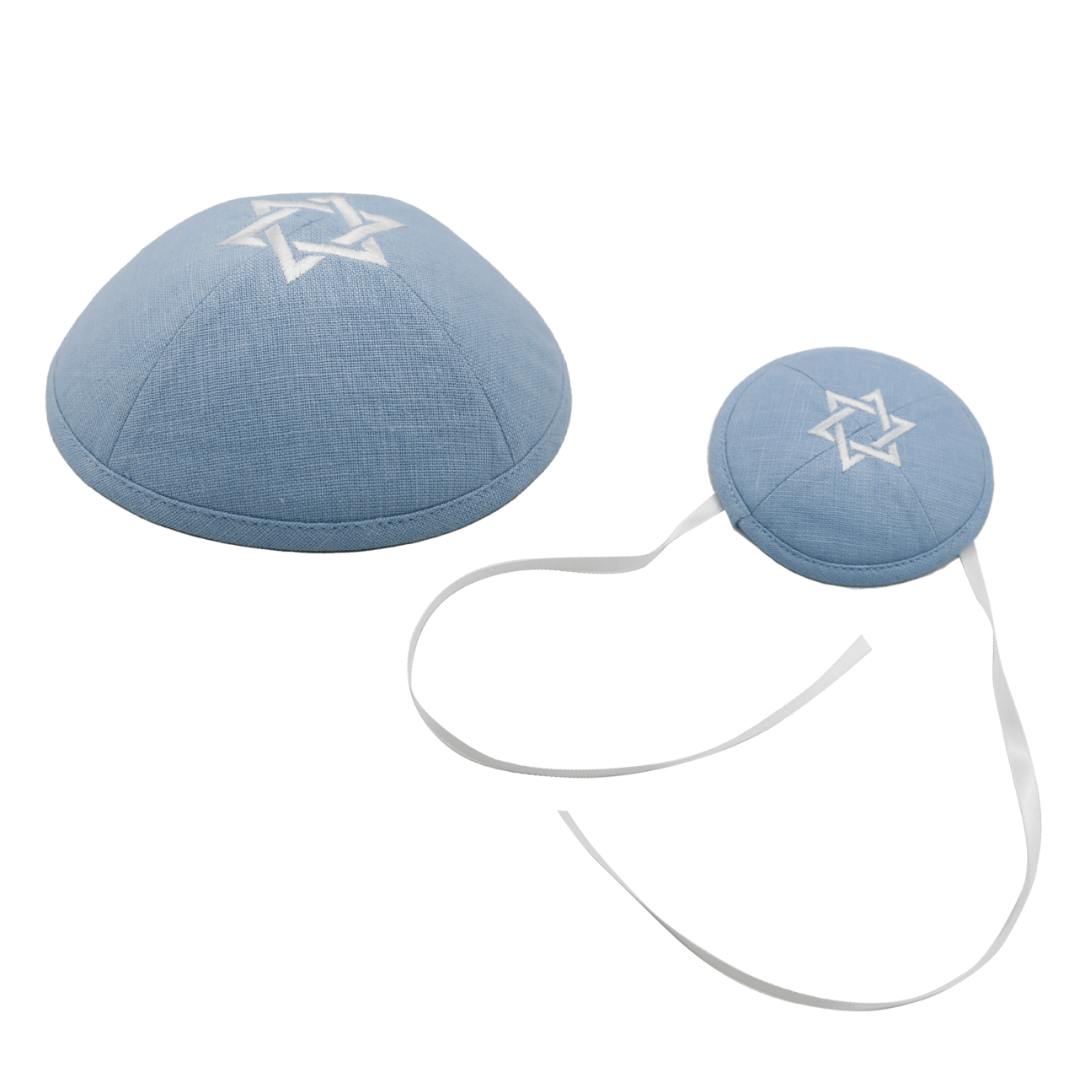 Light Blue Linen Father and Son Baby Magen David Kippot、mySite、topwebapps