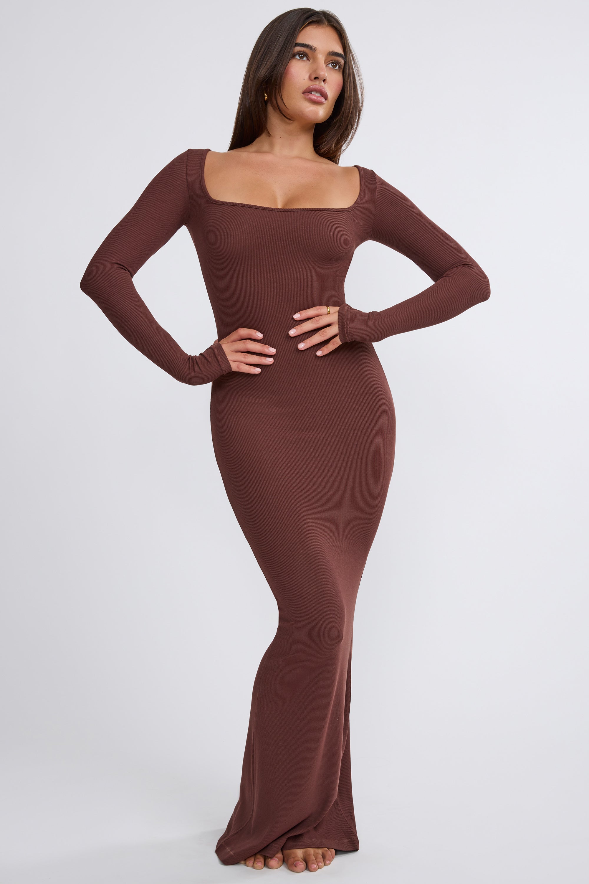 Ribbed Modal Long Sleeve Maxi Dress in Chocolate、mySite、solidvoid