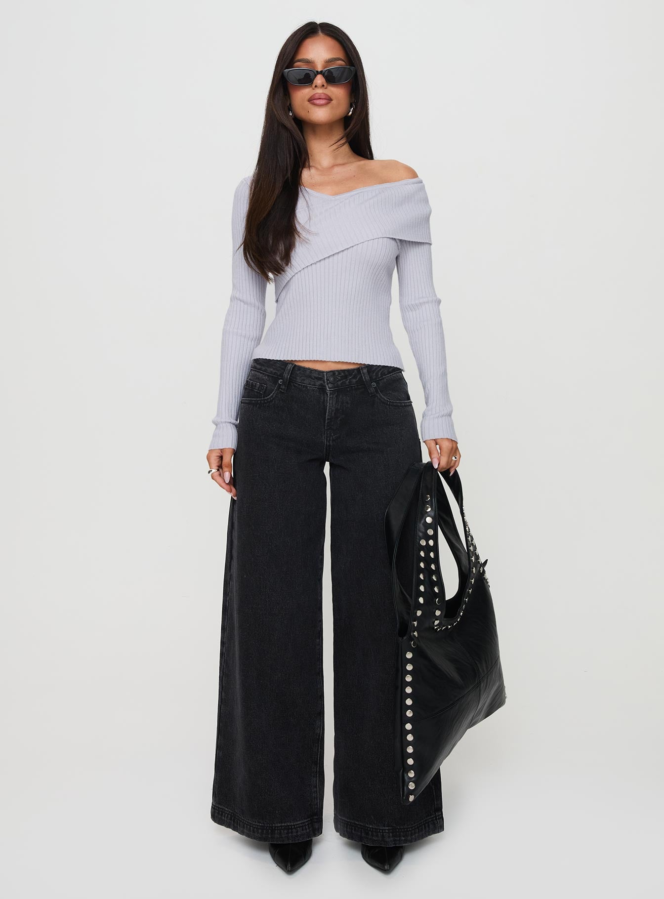 Ribbon Stamp Wide Leg Jeans Washed Black、mySite、solidvoid