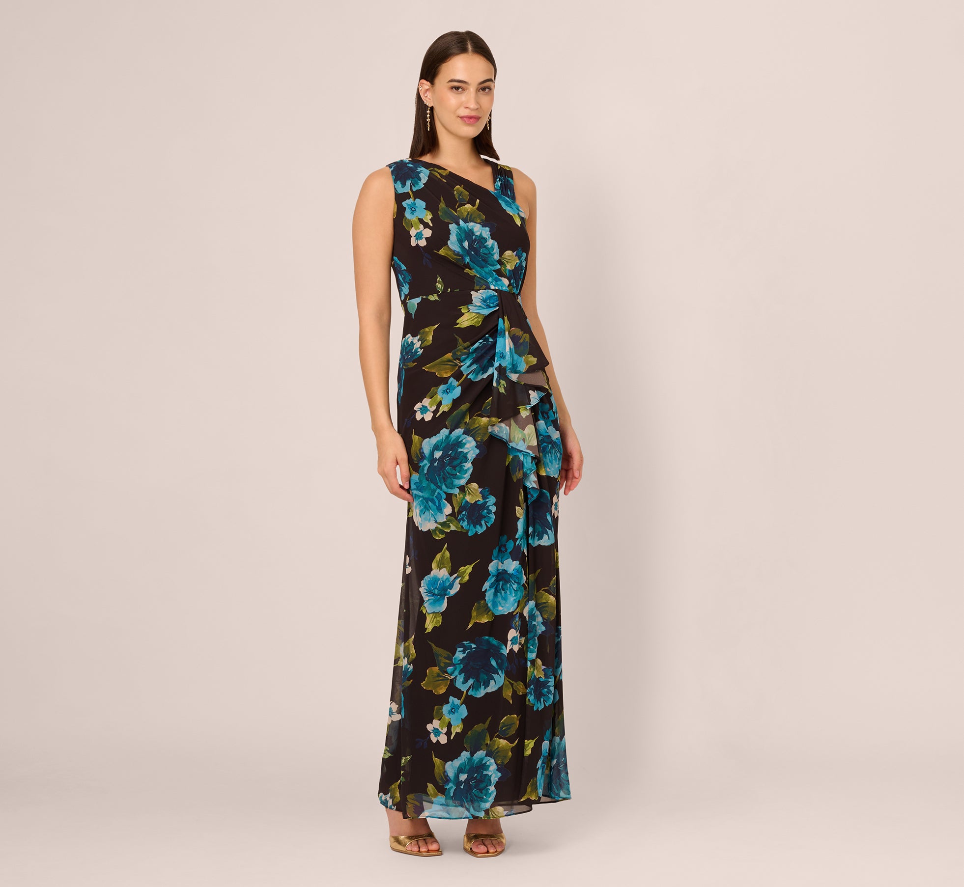 Asymmetrical Draped Floral Chiffon Gown In Black Multi、mySite、solidvoid